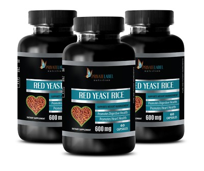 Red Yeast Rice Organic 600mg - Lower Cholesterol 3 Bottles - 180 Veggie Capsules