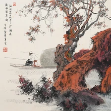 Vintage Traditional Chinese heavy color ink painting  “秋江独钓” by 陈一军
