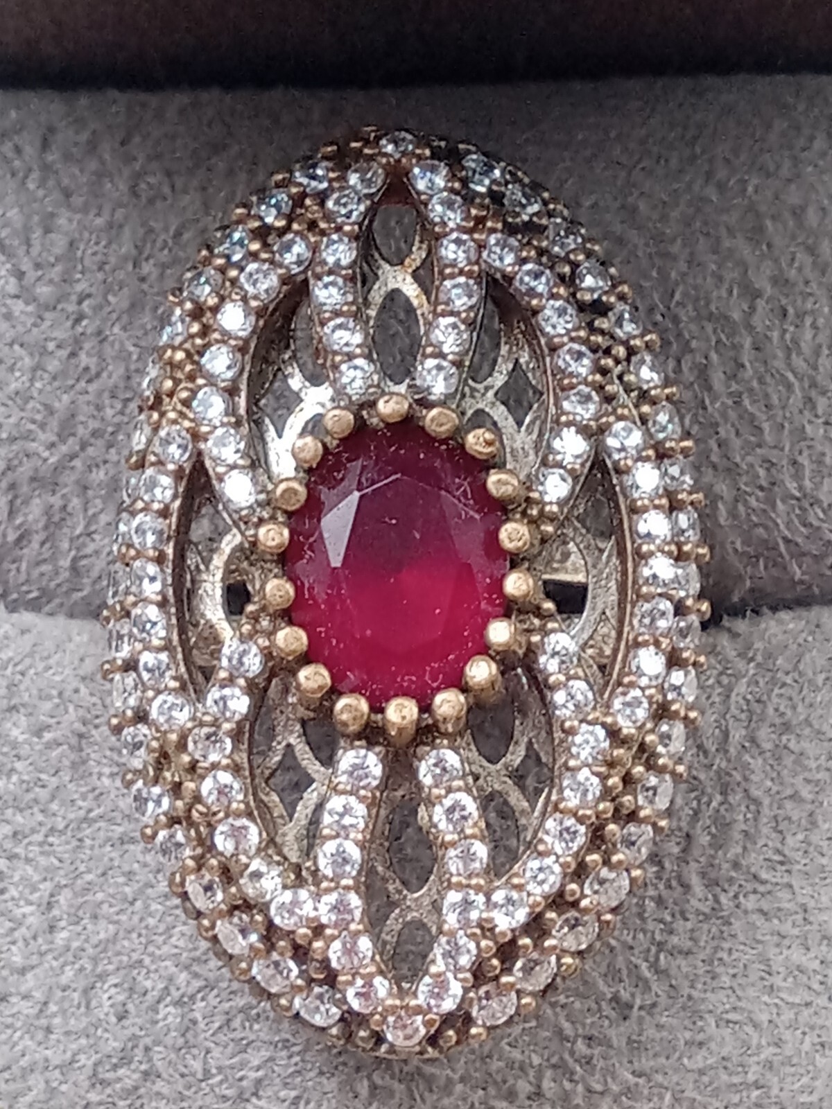 Statement Sterling Silver Ring w. Ruby & Clear Ge… - image 3