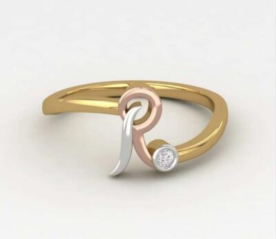Multi Tone 14K Gold Plated Fancy Letter R CZ Ring Anniversary Gift For ...