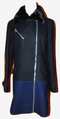 Mossimo Women's Black,Navy Faux Fur Collar Wool Blend Coat Jacket Color Block~M