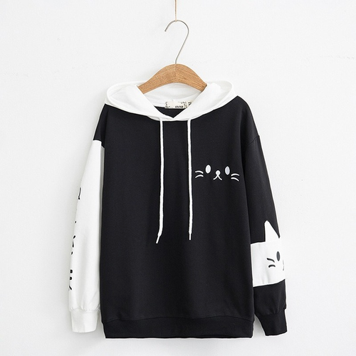 Women Girl Hooded Sweatshirt Hoodies Pullover Top Embroidery Cat Ear Cute Kawaii
