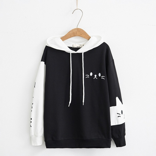 Lady Hooded Sweatshirt Hoodies Pullover Top Cute Embroidery Cat Ear Kawaii Soft - Picture 1 of 12