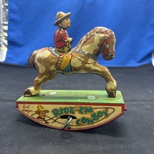 RARE RED RANGER RIDE EM COWBOY TIN LITHOGRAPHED WIND UP TOY WYANDOTTE A4B