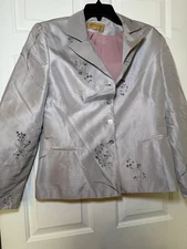 Bergamo By EBI Gray Floral Silk Woman’s Blazer Jacket Size 12 EUC Collared