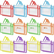Teling 24 Pack Thick Clear Book Pouches with Blank Name Tags and Handles Book Ba