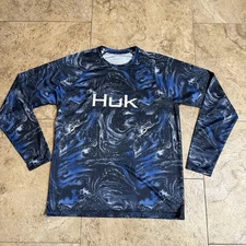HUK Fishing Top Mens Lightweight Black Blue Long Sleeve Outdoors Shirt Sz Medium