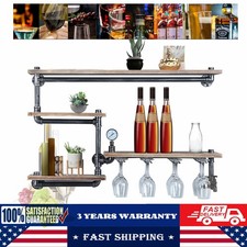 Rustic Metal Floating Bar Shelves Wall Mounted Industrial Pipe Shelf Wine Rack