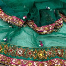 Indian Vintage Heavy Bridal Green Net Dupatta Hand Embroidered Zardozi Zari veil