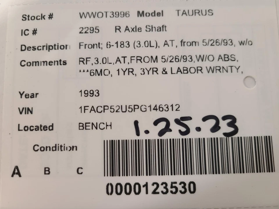 Eje de transmisión delantero derecho usado se adapta a: Ford Taurus 1993 delantero 6-183 3,0 L AT para Foto 4 de 4