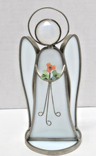 Glasgow white stained glass standing angel candle holder, holding flowers. 6   