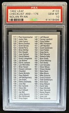 1992 Leaf Checklist: 89-176 Nolan Ryan #133 PSA 10 GEM MINT