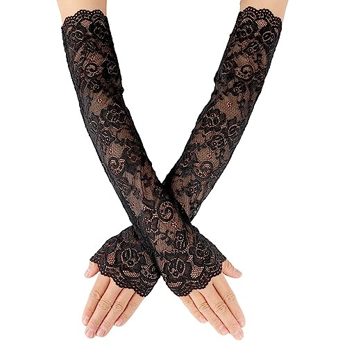 Women's Long Lace Fingerless Gloves Floral Lace Elbow Length Arm Sleeves Black - Picture 1 of 7