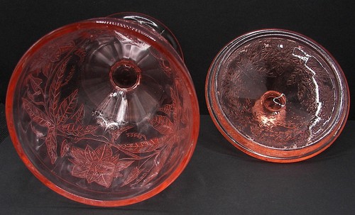 Pink Candy Jar Depression Glass Floral Poinsettia Jeannette 6 1/2" 1930 pressed - Picture 3 of 4