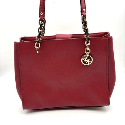 Michael Kors SOFIA Scarlet Red Leather Tortoise Shell Gold Chain Tote Purse