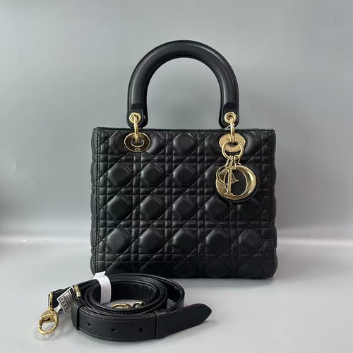 Auth  Christian Dior Lady Dior Medium Black Lambskin Gold Hardware Handbag