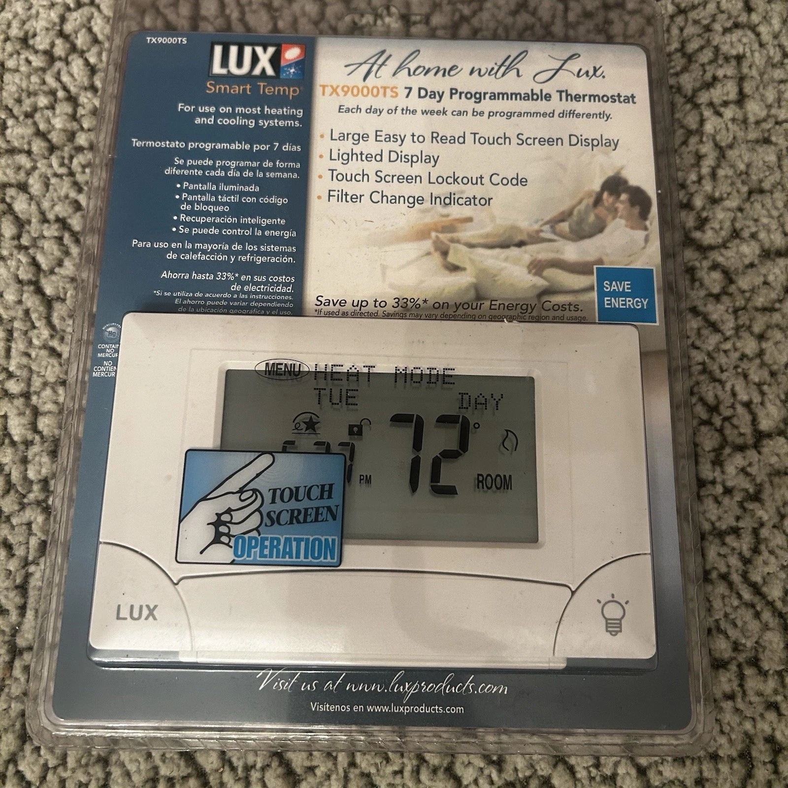 Lux TX9000TS Touch Screen Seven-Day Programmable Thermostat -NEW