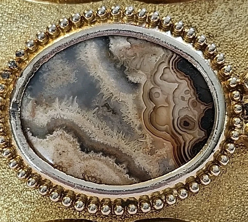 Cabujón de ágata de encaje loco hebilla estilo occidental de colección años 70 en tono dorado EC  Foto 3 de 4