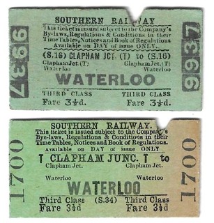 Railway Tickets 2 No. S R CLAPHAM JCT. to WATERLOO 3rd Class Issued 1929/30