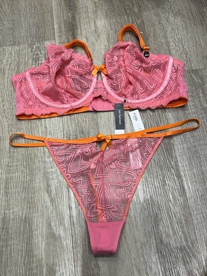 Ann Summers Herz an Herz rosa & orange Vollbrust Balconette BH & Tanga 38DD 18