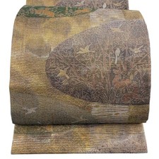 Fukuro Obi Six Panel Gold Silver Thread Foil Bird Ochre Silk 448cm Finished