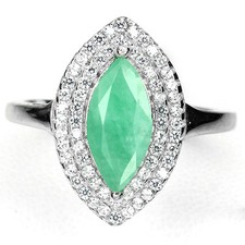 GENUINE MQ 11x6mm. GREEN EMERALD SOLITAIRE, W.CZ ACCENT STERLING 925 SILVER RING