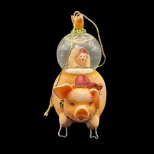 AMC Pig Sow Wire Feet Christmas Ornament w Snow Globe w Piglet and Bird On Top