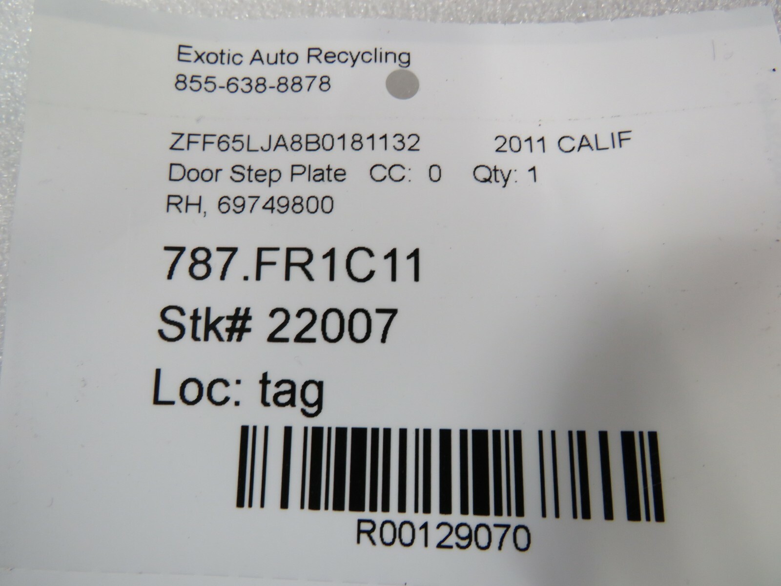 Ferrari California, RH, Right, Door Step Plate, Used, P/N 69749800