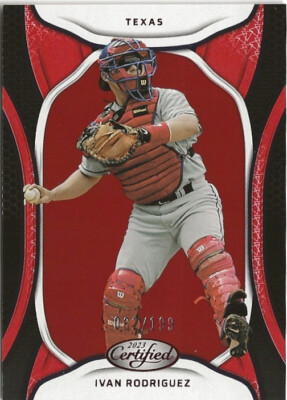 2023 Panini Certified #2 Ivan Rodriguez Mirror Red 062/199 Texas Rangers HOF