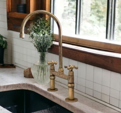 Antique Brass Kitchen Bridge Faucet - Unlacquered Solid Brass Sink Fixture
