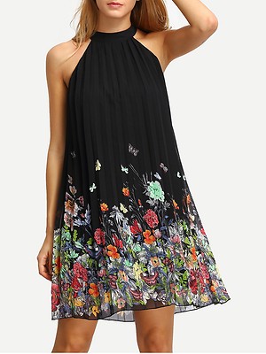 Damen Kleid Shiftkleid ärmellos mit Cutouts und Blumenmuster schwarz Gr. L Neu