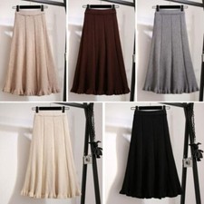 Lady Midi Pleated Knitted Skirt Ruffle High Elastic Waist A Line Half Dress Chic