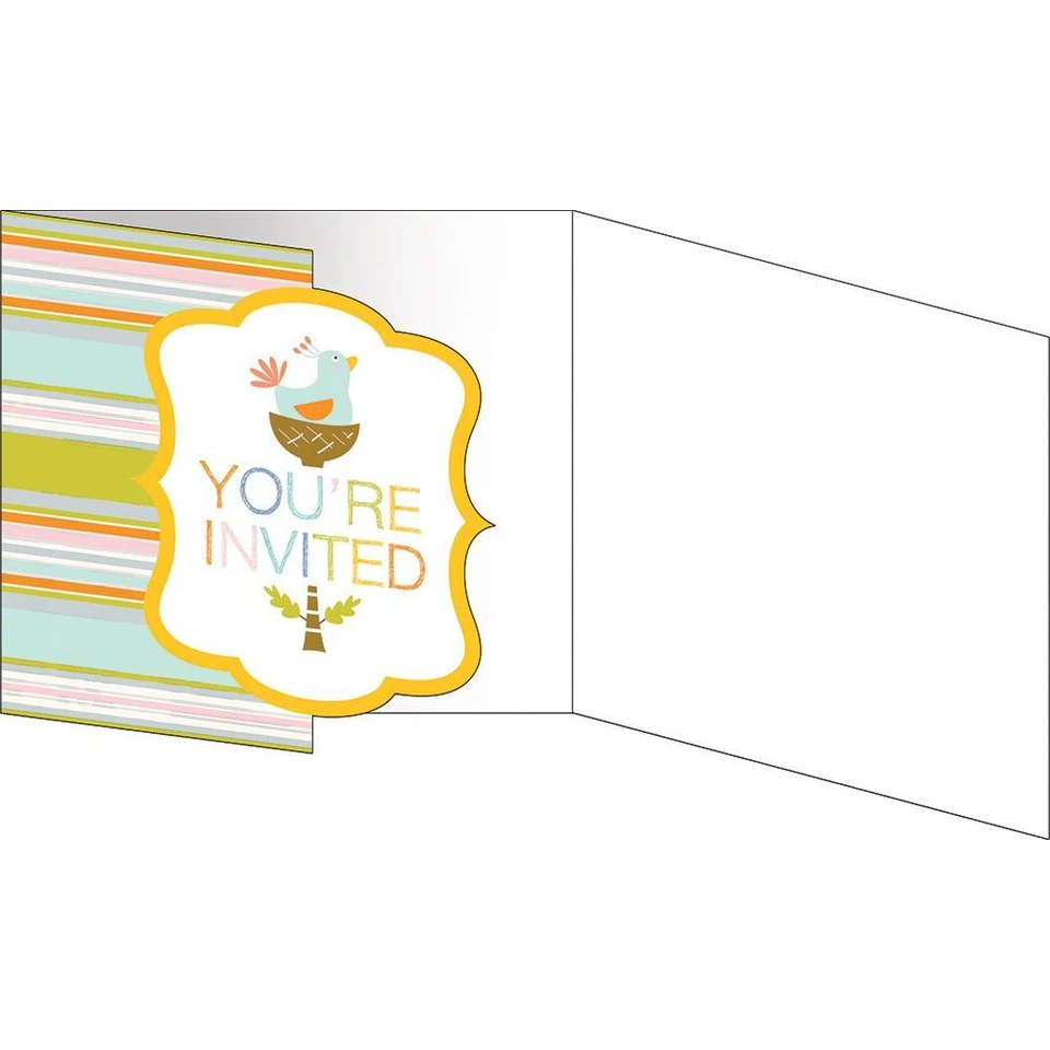 Happi Jungle Baby Shower 8 Ct Invitations Bird Nest in Tree Stripes 1st Birthday - Image 2 of 2