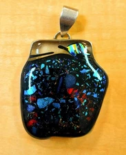 Handcrafted Green Teal Blue Colored Fused Glass Sterling Silver Pendant Large