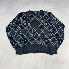 Vintage Knitted Jumper Abstract Patterned Grandad Knit Sweater With Leather