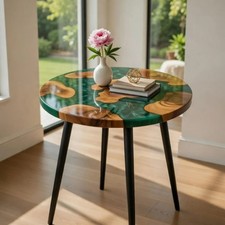 12" Luxury Green Epoxy Resin Coffee Table Round Wood River Table Home Decor