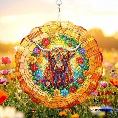 Wind Spinner, 3D Hanging Stainless Steel Garden Spinner, Wind Highland Cow