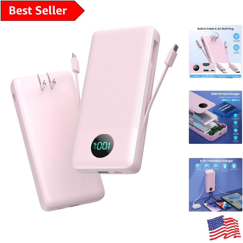 33,800mAh Pink Power Bank with Built-in Cables & Fast Charging 33,800mAh Pink Power Bank with Built-in Cables & Fast Charging