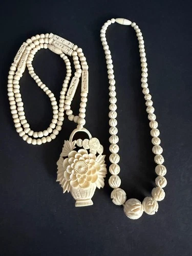 PAIR VINTAGE COSTUME JEWELRY FAUX IVORY NECKLACES & BONUS NECKLACE