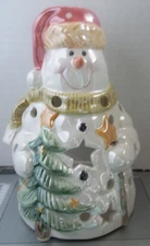 YANKEE CANDLE IRIDESCENT SNOWMAN w/ CHRISTMAS TREE 2001 TEALIGHT CANDLE HOLDER
