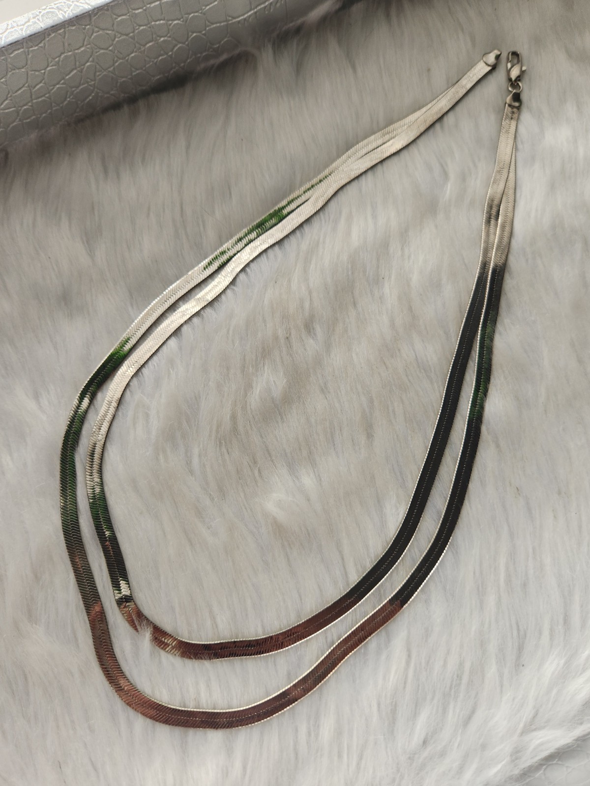 Double Strand Layered Silvertone Herringbone Link… - image 9