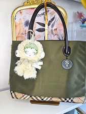 Burberry Blue Label Medium Green Checkered Tote Zip Double Leather Handles Charm