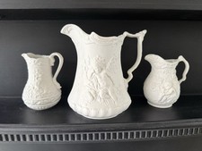 Set of 3 Parian Ware Relief Pitchers Jugs Classical Cherub Scene Vintage
