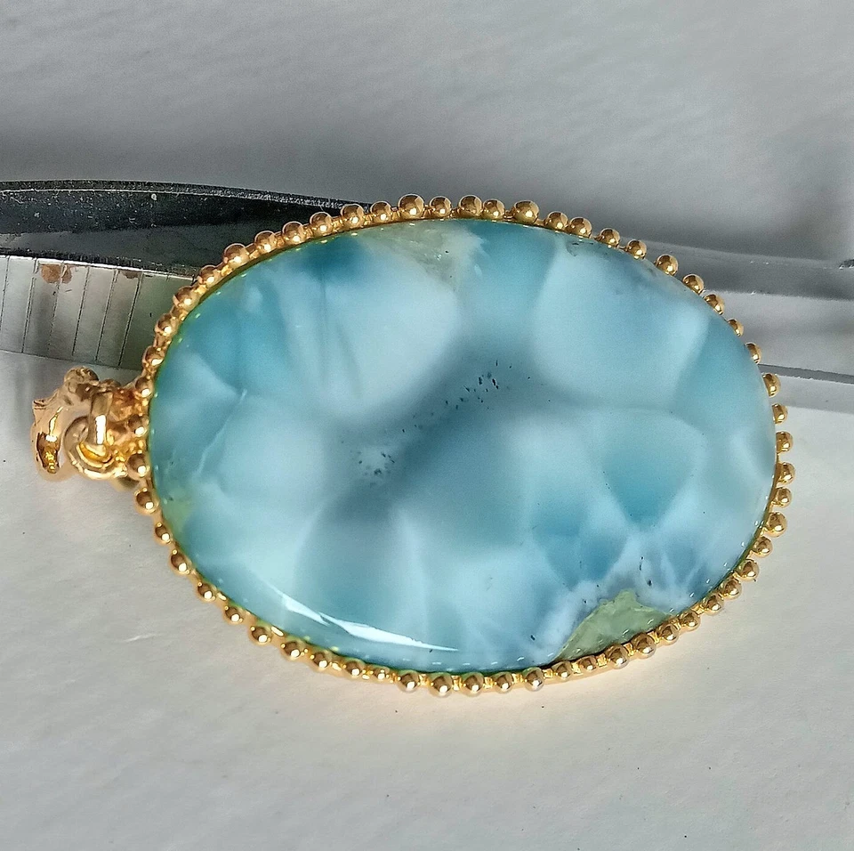 PENDENTE IN ARG. STERLING 925 DORATO CON LARIMAR NATURALE E PICCOLI ZAFFIRI - Immagine 3 di 4