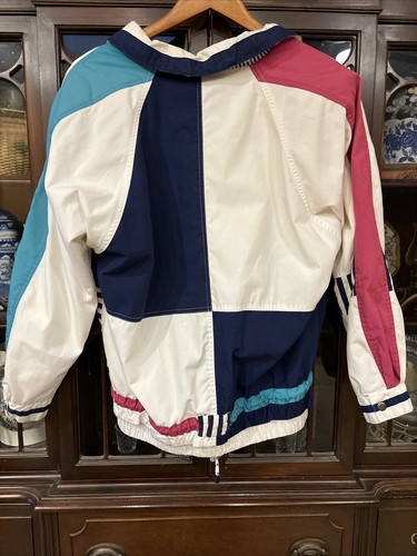 Vintage Izzi Jacket Womens Medium Windbreaker 90s Pockets Colorblock Snap White - Picture 3 of 8