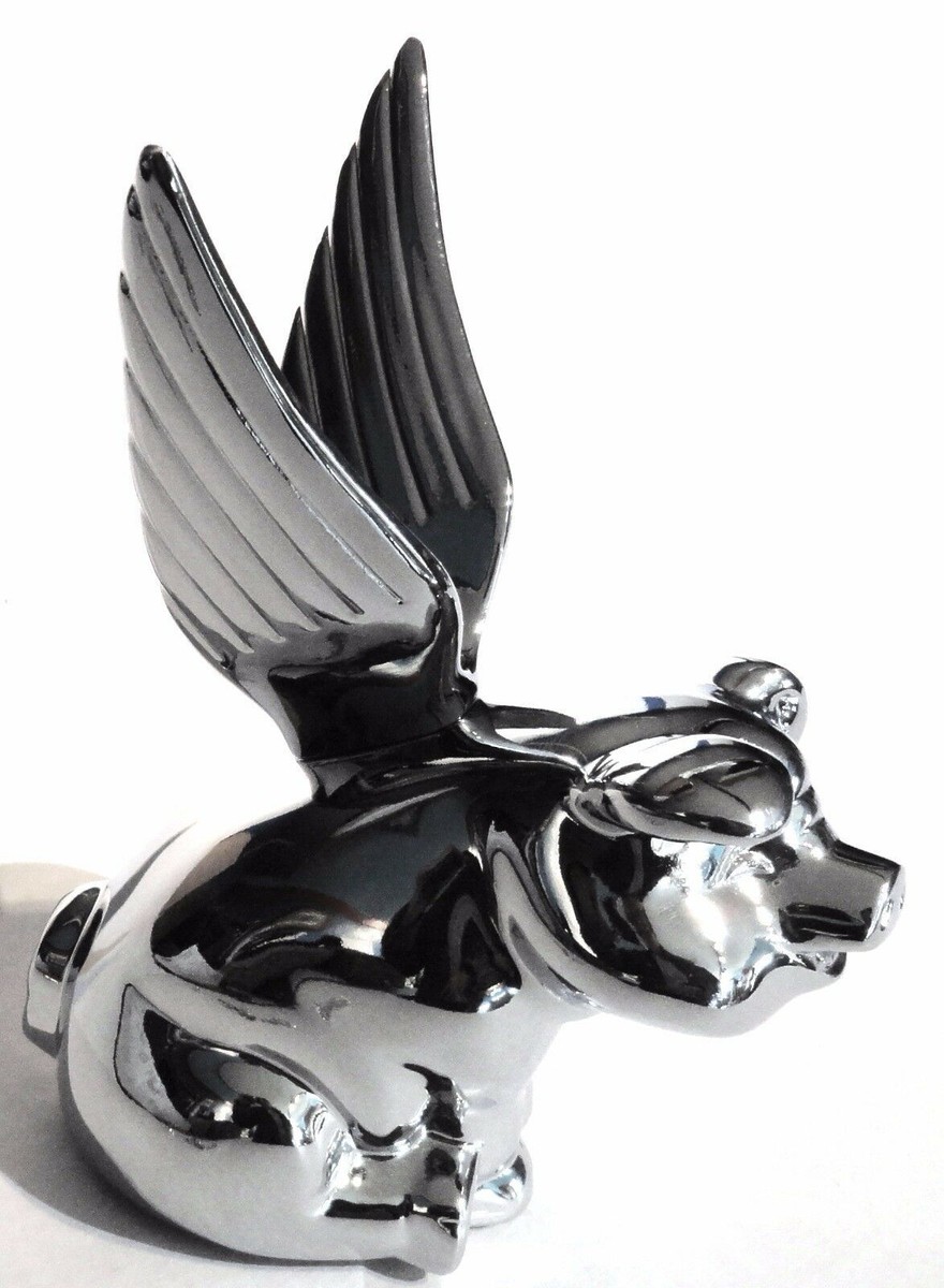 Pig ☆ Hood Ornament Pull Flying Pig Chrome Metal for Flat Hood 7-5/8”, 3