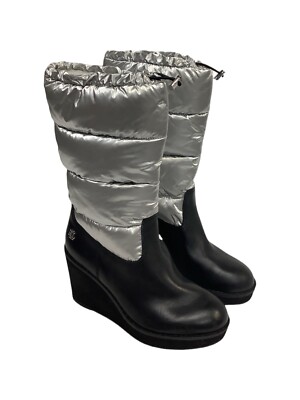 Ralph Lauren Rudee Leather Nylon Wedge Snow Boots Lined Puffer