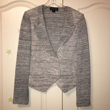 ST. JOHN Knit Jacket GRAY / WHITE / BLACK /BLUE - Sz 8 Made in USA Excellent!