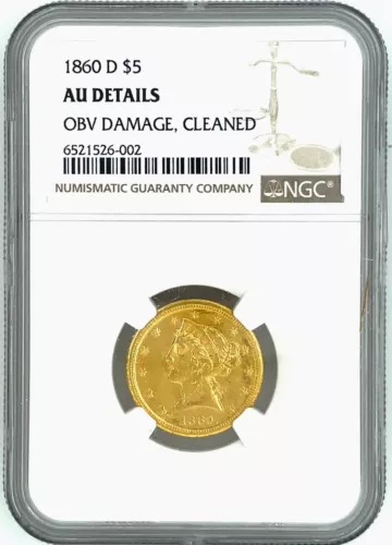 Key Date 1860-D LIBERTY HEAD HALF EAGLE $5 DOLLAR GOLD NGC AU Details -Scares !!