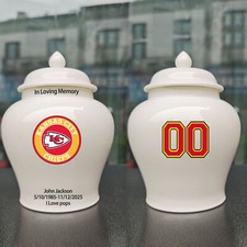Ceramic Medium Urn Kansas City Chiefs Football Theme, Custom Text Number